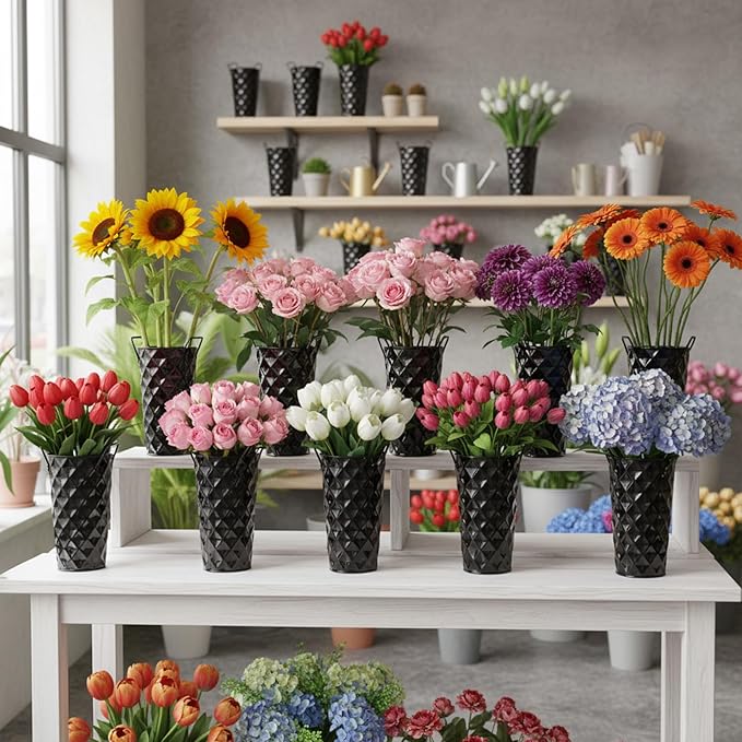 6 Pcs Black Metal Flower Vases 9 Inch Galvanized Flower Bucket Spring Farmhouse French Bucket with Handles, Floral Vases for Centerpiece Bar Wedding Bouquet Table Decoration Supplies
