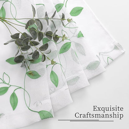 Tollpiz Green Leaf Sheer Curtains Leaves Embroidered Living Room Curtain Rod Pocket Voile Window Treatments for Bedroom, 54 x 63 inches Long, Set of 2 Panels