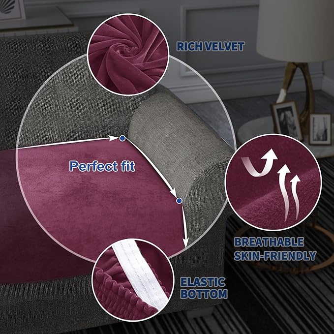 MAXIJIN Velvet Stretch Cushion Covers Couch Cushion Slipcovers Loveseat Sofa Cushion Covers for Individual Cushions with Elastic Bottom (2 Piece Loveseat Cushion Covers, Wine Red)
