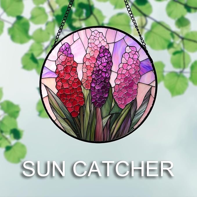 DASTOLL Stained Glass Window Hanging 4 Pcs Set Purple Flower Theme 9.8" - Tulip Suncatcher Door Garden Sun Catcher Decor Birthday Christmas for Plant Lovers Woman Nana Men