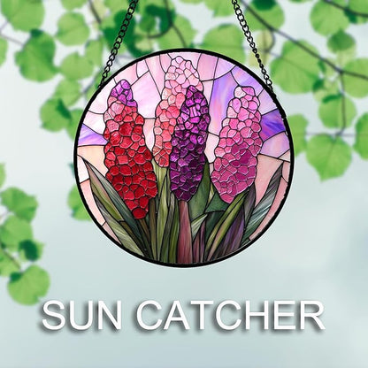 DASTOLL Stained Glass Window Hanging 4 Pcs Set Purple Flower Theme 9.8" - Tulip Suncatcher Door Garden Sun Catcher Decor Birthday Christmas for Plant Lovers Woman Nana Men