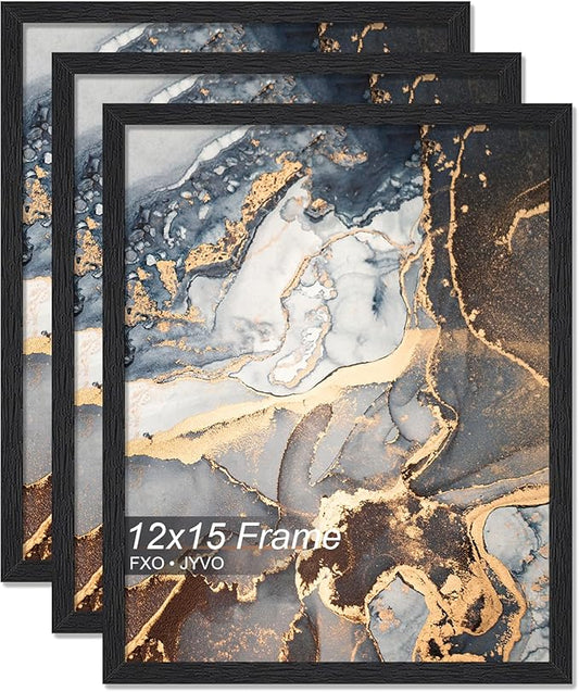Engineered Wood 12x15 Picture Frame Set of 3, Black Frame for 12 x 15 Inch Picture Poster Photo, Light Weight 12 by 15 Frame with Wood-grain for Wall - 3 Pack/Black/12 x15