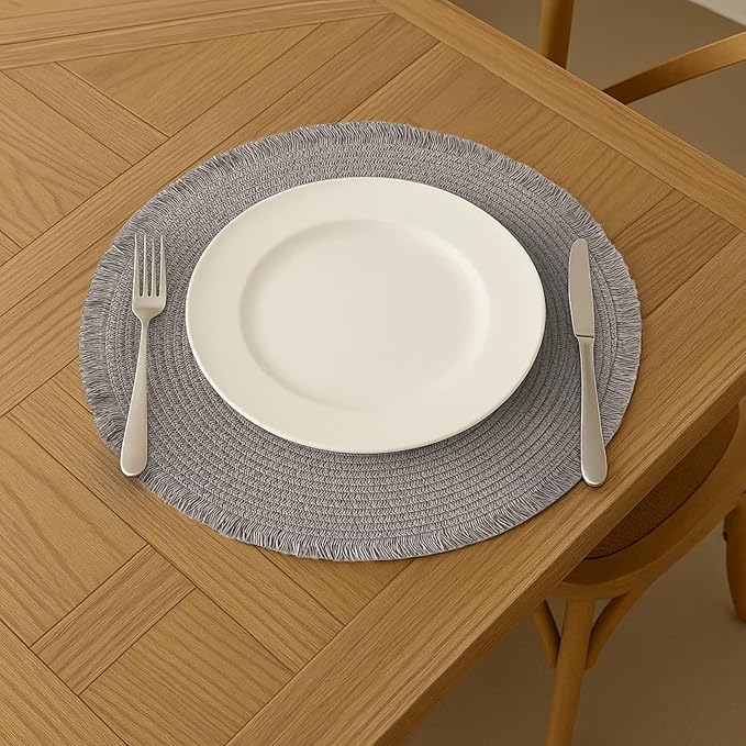 15 Inch Set of 6 Round Braided Woven Placemats Wipeable Paper Heat Resistant Table Mats with Fringe Tassel Boho Indoor Outdoor Table Placemats for Dining Tables (Grey)