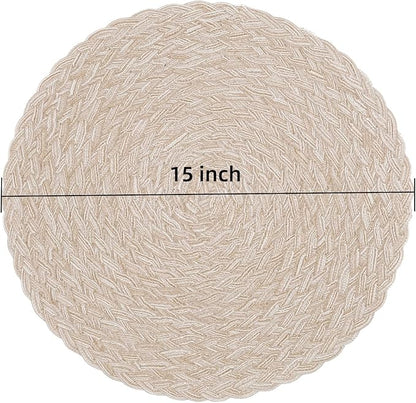 SHACOS Round Braided Placemats 15 inch Set of 6 Thick Boho Kitchen Table Placemats for Home Wedding Party (T-Beige, 6)
