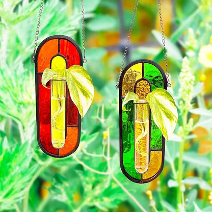 LITMIND Transparent Stained Glass Propagation Station - Handcrafted Suncatcher Hanging Planter with 2 Glass Tubes, Multi-Color Hydroponic Wall Décor for Windows, Home & Garden