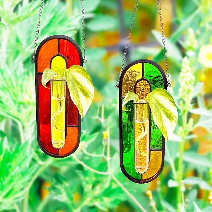 LITMIND Multi-Color Stained Glass Propagation Station - Handcrafted Translucent Suncatcher Planter with 2 Tubes, Hanging Hydroponic Décor for Windows & Garden