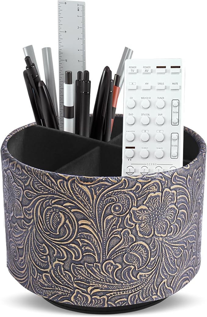 lizimandu Round Leather Art Supply Organizer,Remote Control Holder,360 Degree Spinning,Multi-Functional Pencil Holder,4 Compartments Desktop Stationary Organizer(1-Carved Cooper Gold)