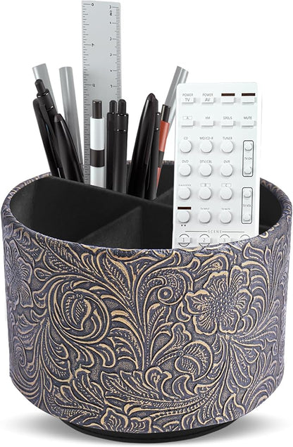 lizimandu Round Leather Art Supply Organizer,Remote Control Holder,360 Degree Spinning,Multi-Functional Pencil Holder,4 Compartments Desktop Stationary Organizer(1-Carved Cooper Gold)