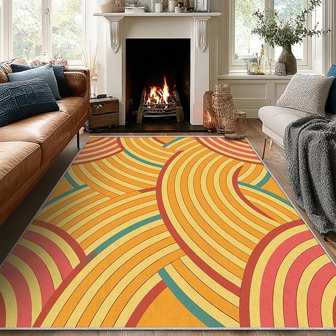 Mid Century Rug 5x8 Retro Abstract Geometric Pattern, Washable Living Room Bedroom Area Rugs, Mid Century Decor for Home, Soft Non Slip Indoor Carpet, Low Pile Design & G875