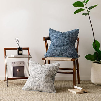 a moment Blue Reversible Pillow Covers 2 Pack - Farmhouse Chenille Throw Pillows, Neutral Textured Decorative Throw Pillow Covers with Border for Couch Sofa Bed (20x20 Inch, No Insert)