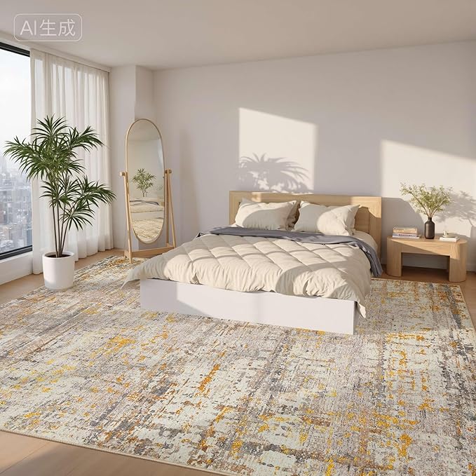 9x12 Area Rug for Living Room, Extra Large Washable Rug, Soft Neutral Abstract Rug for Bedroom, Office, Farmhouse, Low Pile Imitation Wool Non Slip Carpet Ideal for High-Traffic Areas, Beige Gold