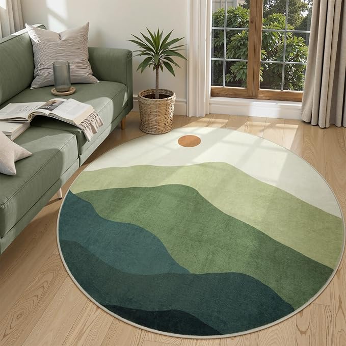 Sunrise Circle Area Rug 5ft, Large Round Rugs for Living Room Non-Slip Washable Bedroom Carpet, Mountain Modern Throw Mat for Dining Room Nursery Classroom(Green)