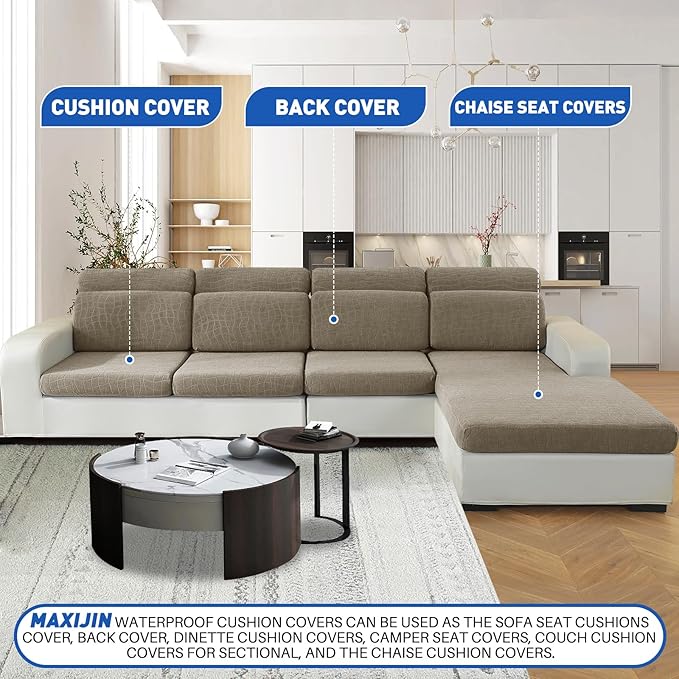 MAXIJIN Waterproof 4 Pieces Couch Cushion Covers for Sectional Sofa Seat Slipcover Stretch Sectional Couch Cover for L Shape Left/Right Chaise with Elastic Bottom (3 Seater + 1 Chaise, Khaki)