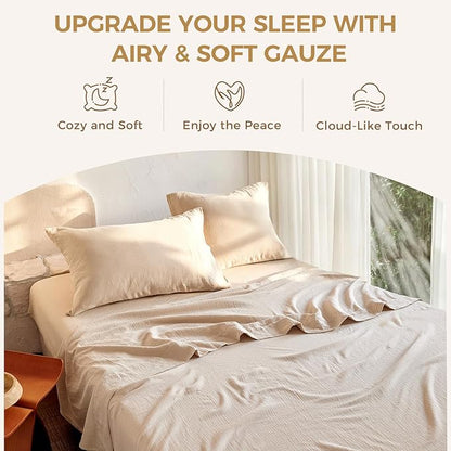 King Sheet Set Cotton Bed Sheets Gauze 4 Pcs Linen King Sheets Set 16" Deep Pocket Sheet & Pillowcase Sets Boho Muslin King Sheets Soft King Bedding Sets for All Season