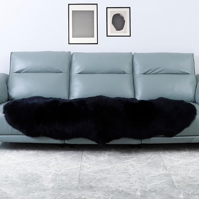 Genuine Sheepskin Rug New Zealand Fluffy Lambskin Rug, Natural Luxury Sheepskin Throw for Bedroom Living Room Children's Room - Premium Area Rug Chair Cover (2×6 Feet, Black)