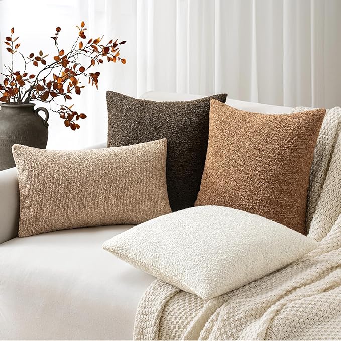 Woaboy Pack of 2 12x20 Inch Decorative Boucle Throw Pillow Covers Textured Lumbar Pillowcaes Accent Solid Cozy Soft Cushion Covers Home Decor for Sofa Couch Living Room Home Decor,Brown