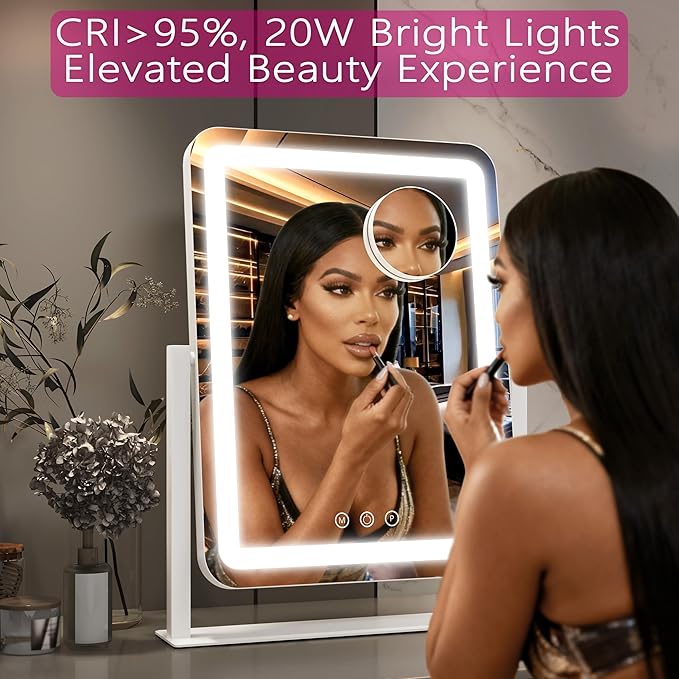 Hollywood Vanity Mirror with Lights, 17" L x 13" W LED Lighted Makeup Mirror, Dimmable & Three Color Lighting Modes, 10X Magnification Mirror, CRI>95% HD, 20W High Brightness (96 LED)