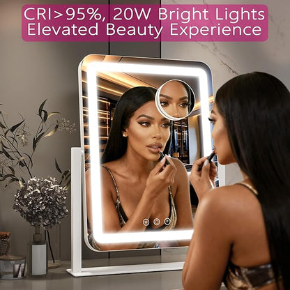 Hollywood Vanity Mirror with Lights, 17" L x 13" W LED Lighted Makeup Mirror, Dimmable & Three Color Lighting Modes, 10X Magnification Mirror, CRI>95% HD, 20W High Brightness (96 LED)