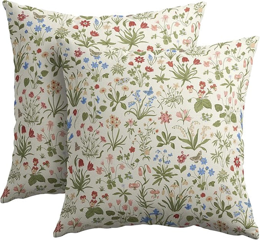 Vitage Floral Pillow Covers 18x18 Set of 2 Spring Green Red Cream Pattern Rustic Decorative Outdoor Farmhouse Zipper Flower Linen Pillowcases Decorations Throw Cushion Cover Decor for Couch Sofa Bed