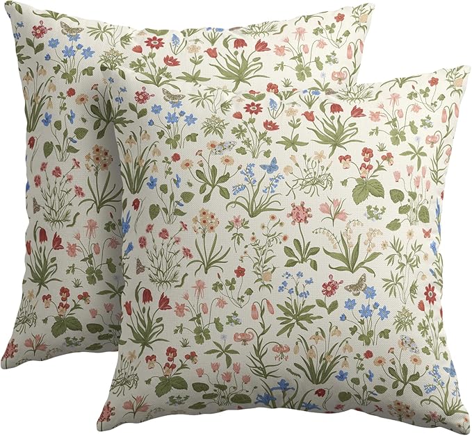 Vitage Floral Pillow Covers 24x24 Set of 2 Spring Green Red Cream Pattern Rustic Decorative Outdoor Farmhouse Zipper Flower Linen Pillowcases Decorations Throw Cushion Cover Decor for Couch Sofa Bed