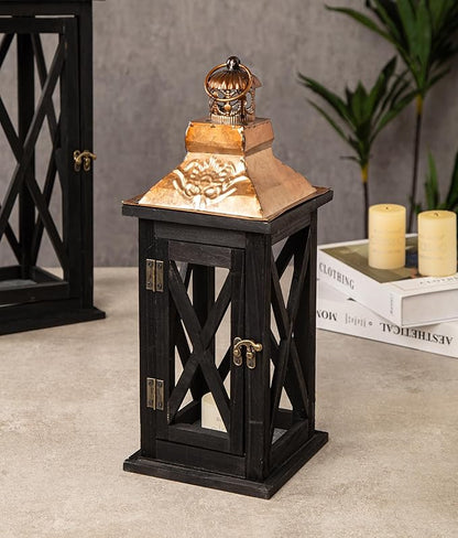 Large Farmhouse Wooden Lanterns with Metal Top, Decorative Floor Lanterns Set of 2, Black Frame with Rustic Gold Accents, Indoor/Outdoor Hurricane Lanterns for Home Decor (No Glass)