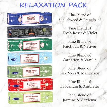 Satya Incense Sticks Gift Set, 7 Scents, Nag Champa, Dragon's Blood, Arabian Jasmine, Super Hit, Green Champa, Goodluck, Attract Money, 15g Each (Relaxation Mix)