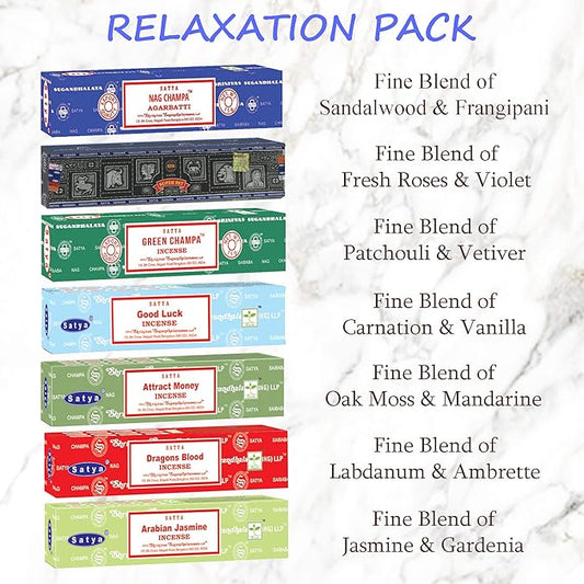 Satya Incense Sticks Gift Set, 7 Scents, Nag Champa, Dragon's Blood, Arabian Jasmine, Super Hit, Green Champa, Goodluck, Attract Money, 15g Each (Relaxation Mix)