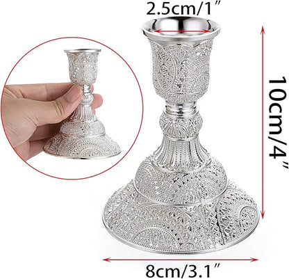 OwnMy 2PCS Brass Taper Candle Holders Candle Stick Holders Set Vintage Metal Pillar Candlestick Holders, 4”H Elegant Candle Stand Candelabra for Dining Table Centerpieces Wedding Home Decor, Silver