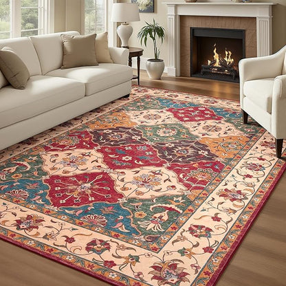 Lessymo Moroccan 8x10 Area Rugs for Living Room, Ultra-Thin Washable Rugs Vintage Non-Slip Non Shedding Accent Carpet for Bedroom Dining Room Office Nursery, Classic Red and Cream