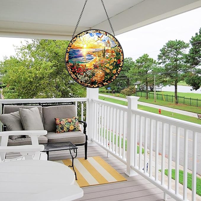 Country Stained Glass Window Hanging, 7.8" Round Sun Catcher Hand Painted Wall Art Decor with Chain, Unique Housewarming Gifts for Couples, Home