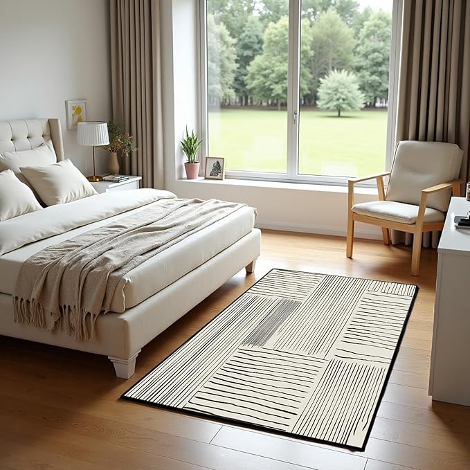 Area Rug 3.3x5 Feet Abstract Lines, Non-Slip Comfort Floor Mat Washable Rug Modern High Traffic Durable for Living Room, Bedroom, Home Office (Black White)