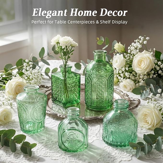 Set of 30 Green Colored Glass Bud Vases - Small Textured Flower Vases for Centerpieces, Wedding Table Decor, Retro Home Decor Bulk Vase Set for DIY, Events & Gifts