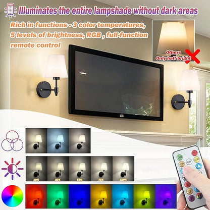 Battery Operated Wall Sconces Set Of Two, Wireless Battery Wall Light With 10000mAh RGB Rechargeable Magnetic Bulb, Rechargeable Wall Sconce With Remote Control For Bedroom, No Electrician Required