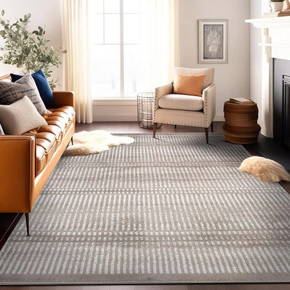 Rugshop Contemporary Stripe Lines High Traffic Living Room,Bedroom,Kitchen, Home Office High Traffic Living Room,Bedroom,Kitchen, Home Office Area Rug 7'10" x 10' Beige