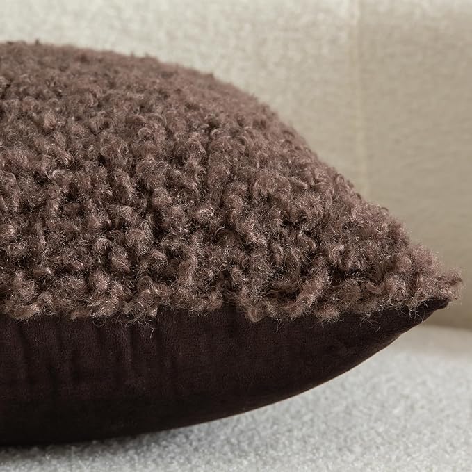 Yaertun Pack of 2 Faux Fur Throw Pillow Covers Decorative Sherpa Boucle Pillow Covers Fuzzy Soft Pillowcases Sheepskin Fleece Cushion Case for Couch Sofa Bed Living Room 24x24 Inch Chocolate