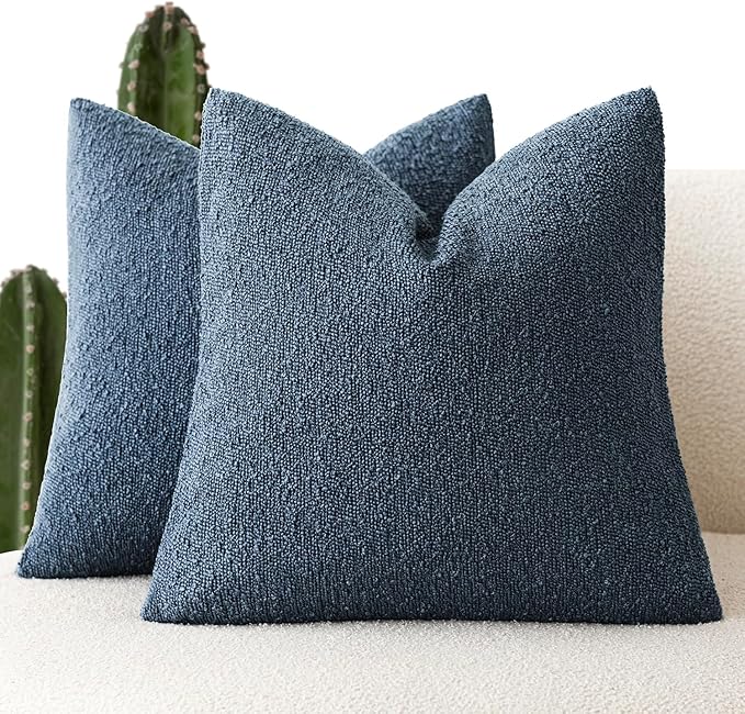 Foindtower Set of 2, Decorative Textured Boucle Throw Pillow Covers Accent Solid Pillow Cases Neutral Couch Cushion Case for Chair Sofa Bedroom Living Room Home Decor 26x26 Inch Dark Blue
