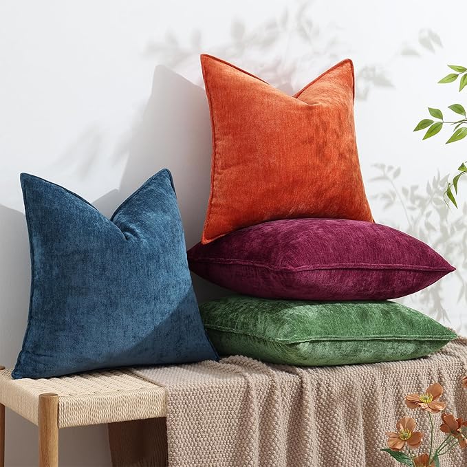 decorUhome Spring Couch Throw Pillow Covers 18x18 Set of 2, Decorative Soft Velvet Neutral Chenille Pillow Covers with Elegant Design for Sofa Bed Living Room Home Decor, Rhododendron