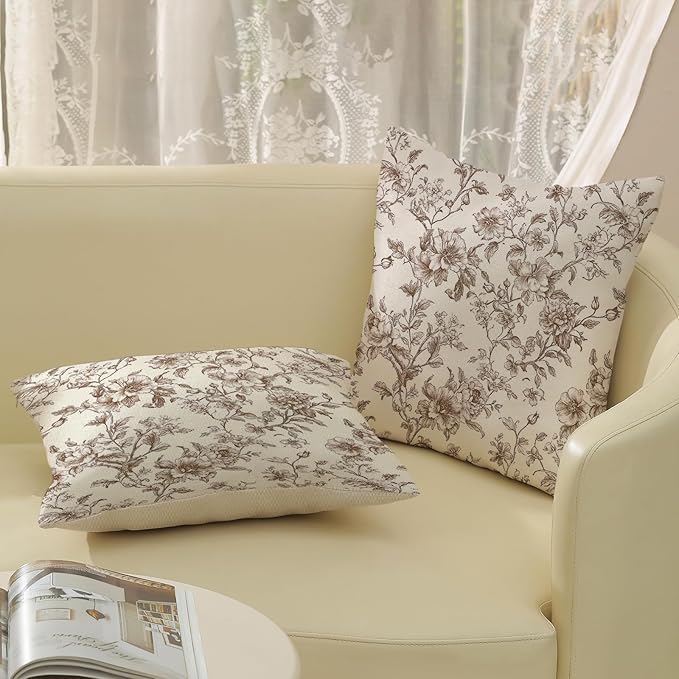 Brown Pillow Covers 18x18 Set of 2 Brown and Cream Floral Chinoiserie Throw Pillows Vintage Rustic Toile Flower Decorative Pillow Cases Outdoor Chinoiserie Decor Cushion Case for Couch Sofa