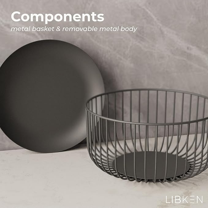 Fruit Basket - Scandinavian Minimal Design - Metal Steel Wire Decor Basket with Removable Tray for Easy Cleaning - Round Basket Bowl for Kitchen Counter - 25cm - Black - Set of 1