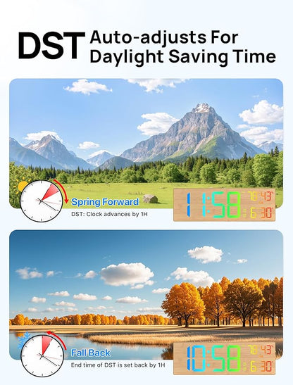 2025 Upgrade 18.5" Large Digital Wall Clock with Remote Control, Big LED Display Digital Clocks with Night Light, Alarm, Countdown, DST, Temp for Living Room, Bedroom, Office, Gift for Seniors(Bamboo)