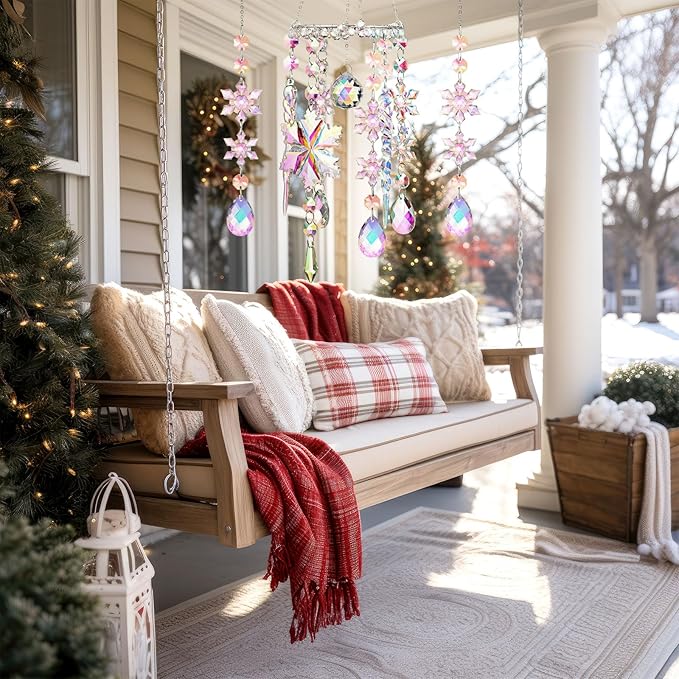 Suncalla 3 Pcs Winter Snowflake Suncatchers Winter Crystal Sun Catchers Snow Flake Hanging Suncatcher Wind Chime with Chain Rainbow Indoor Outdoor Window Christmas Decor