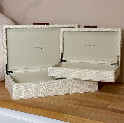 Set of 2 Ivory Bouclé Fabric Decorative Boxes with Wooden Handles, Modern Jewelry Boxes, Storage Boxes, Keepsake Boxes, Photo Memory Organizer, 14.2x8.6x3.5in