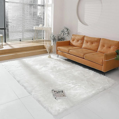 Faux Fur Rug White Sheepskin Shag Fluffy Fuzzy 6x9 ft Rugs for Bedroom Bedside Bed Floor Living Room Plush Rectangle High-Density Cushion Carpet Super Sofa Cover