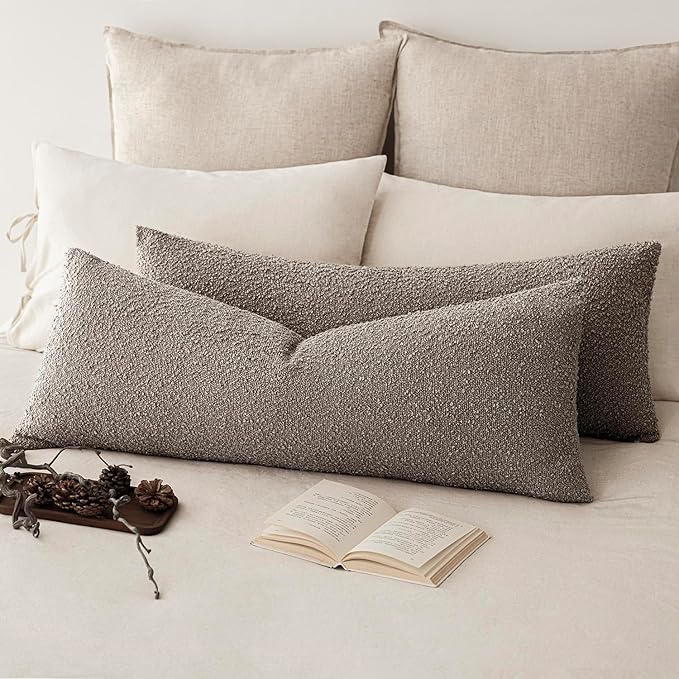 Foindtower Decorative Textured Boucle Throw Pillow Covers Accent Solid Pillow Cases Neutral Long Body Lumbar Couch Cushion Case for Chair Sofa Bedroom Living Room Home Decor 14x36 Inch,1PC,Light Taupe