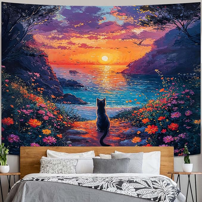 kampdream Landscape Tapestry, Scenery Art Wall Tapestries, Nature Wall Decor for Bedroom Living Room Backdrop Sunset Cat 60×80 inches