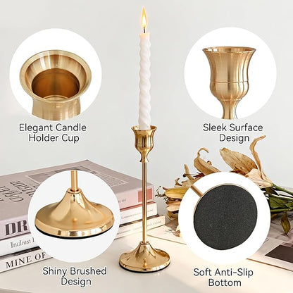 Taper Candle Holders, Tall Vintage Metal Candlestick Holders, 3 PCS Brass Gold Candle Sticks Holders for Home Decor Table Centerpiece Wedding Housewarming Festival, Rose Gold, 1 Set (3 pcs)