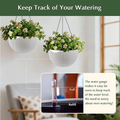 13.5 inch 2Pack Large Hanging Planters for Outdoor/Indoor Plants, Self Watering Hanging Pot with Water Level Indicato, Drainage Holes and Chain for Garden Porch, White