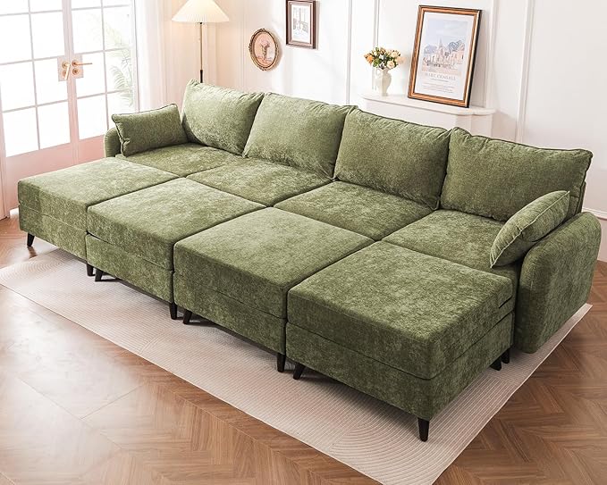135'' Modular Sectional Sofa with Seats Storage, Oversized Sleeper Sofa Bed,Comfy Couches for Living Room,Cloud Couches with Deep Seat,Movable Ottoman,2 Throw Pillow,Chenille,Green