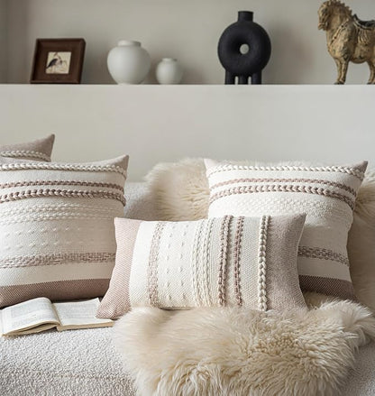 Boho Throw Pillow Covers 12x20 Inch Set of 2, Khaki Textured Decorative Couch Pillow Cases for Farmhouse Home Decor, Accent Cushion Cover for Sofa, Bed, Living Room, Bedroom