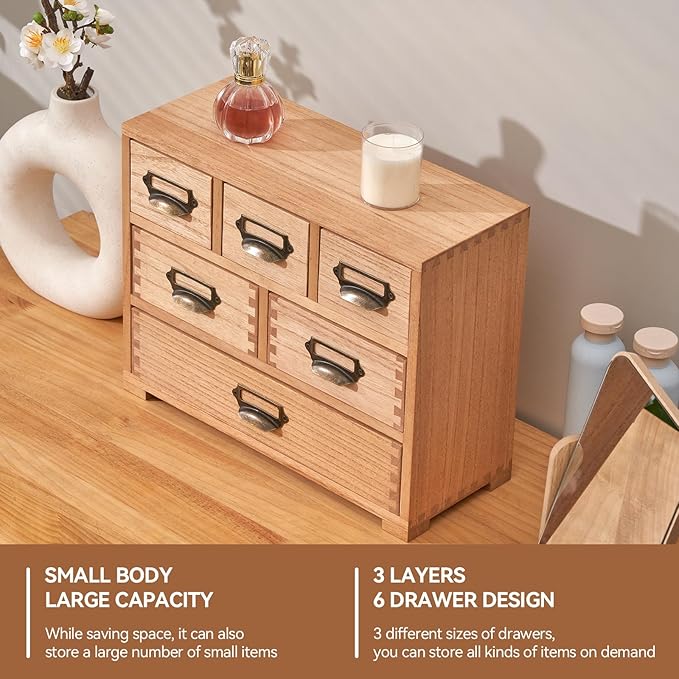 KIRIGEN Desk Drawer Cabinet Storage Organizer 6 Drawers Mini Chest with Lable Holder Handles for Home Office Desktop Organizer and Storage Natural(3D6CG-NA)